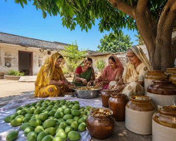 Indian grandmothers making homemade mango pickle using fresh raw mangoes roasted organic spices in a traditional village courtyard from Uttar Pradesh and storing it in ceramic barnies.